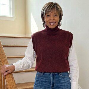 Elegant High-Neck Sweater Vest | Burgundy Knit Sleeveless Turtleneck, Plus Size